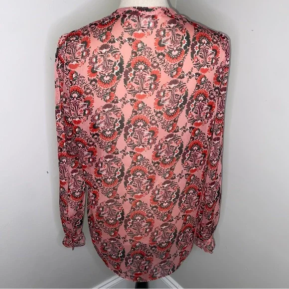 Boden pink & red paisley floral button front sheer ruffle front blouse size 8 - Picture 6 of 7